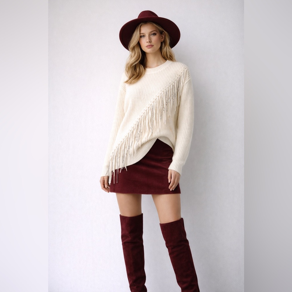 Ontwelth Ivory Fringe Knit Sweater XL Boho Chic